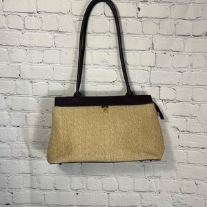 Etienne Aigner Woven Raffia Straw Burgundy Leather Handbag Purse Lipstick Case